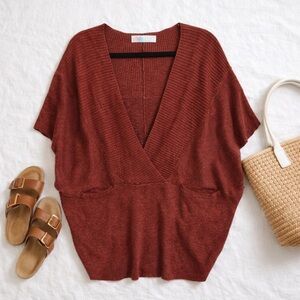 FP Beach Rust Ribbed Knit Poncho Sweater Linen Blend Oversized Size Large Boho